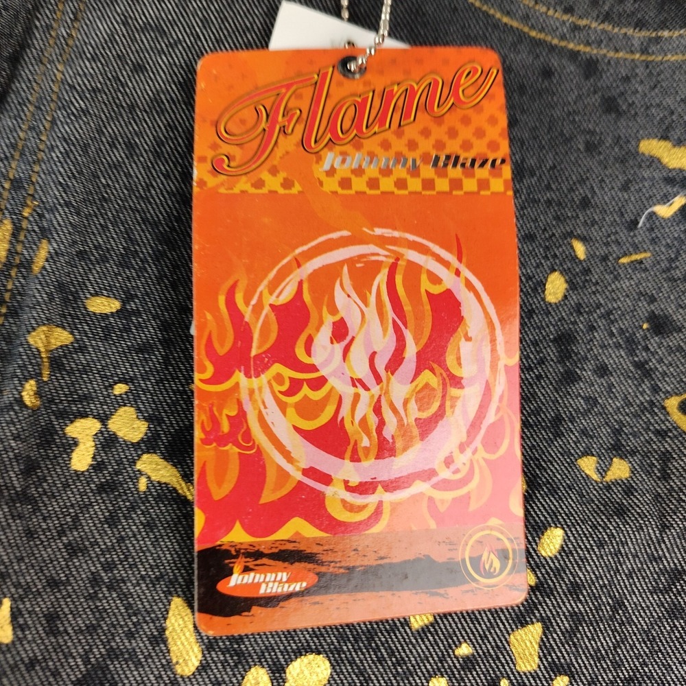 VTG Johnny Blaze Flame Flare Jeans Women's Size 13 W33 x L33 Gold Splatter Y2K - Picture 2 of 8